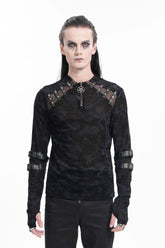 Black Round Collar Long Sleeves Buckle Star Studs Men's Gothic T-Shirt